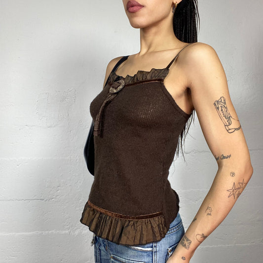 Vintage 90's Downtown Girl Brown Knitted Top with Frilled Bottom & Wooden Chest Charm Detail (S)