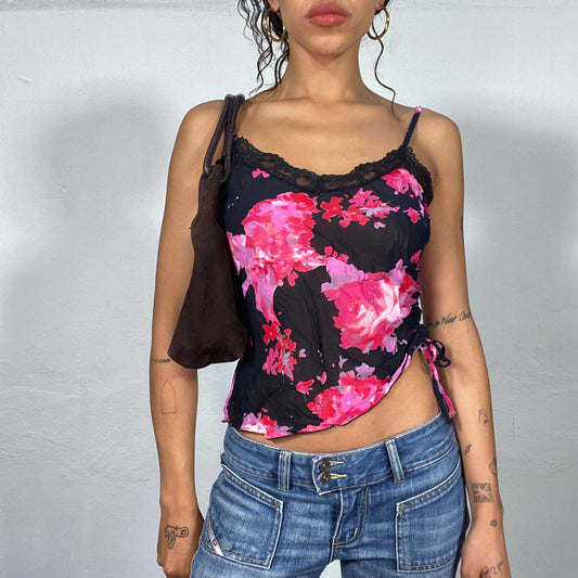 Vintage 2000's Romantic Pink Floral Cami with Side Drawstring Detail(S)