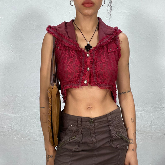 Vintage 90's Medieval Red Lace Crop Top with Hood, Stud and Buckle Details (S)