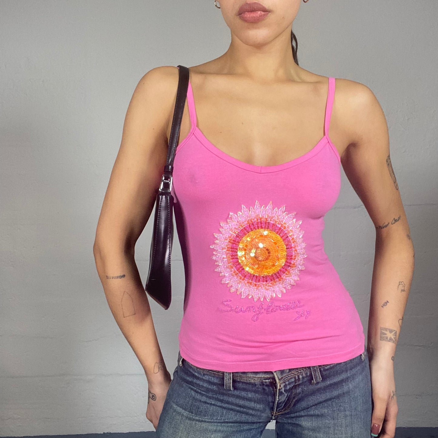 Vintage 2000's Downntown Girl Pink Top with Pink and Orange Rhinestones Sun Detail (S/M)
