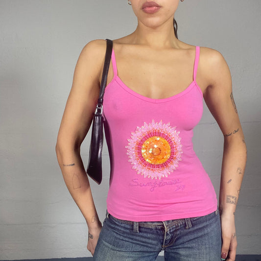 Vintage 2000's Downntown Girl Pink Top with Pink and Orange Rhinestones Sun Detail (S/M)
