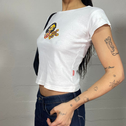 Vintage 2000's Downtown Girl White Top with Cartoon Superwoman Print (S)