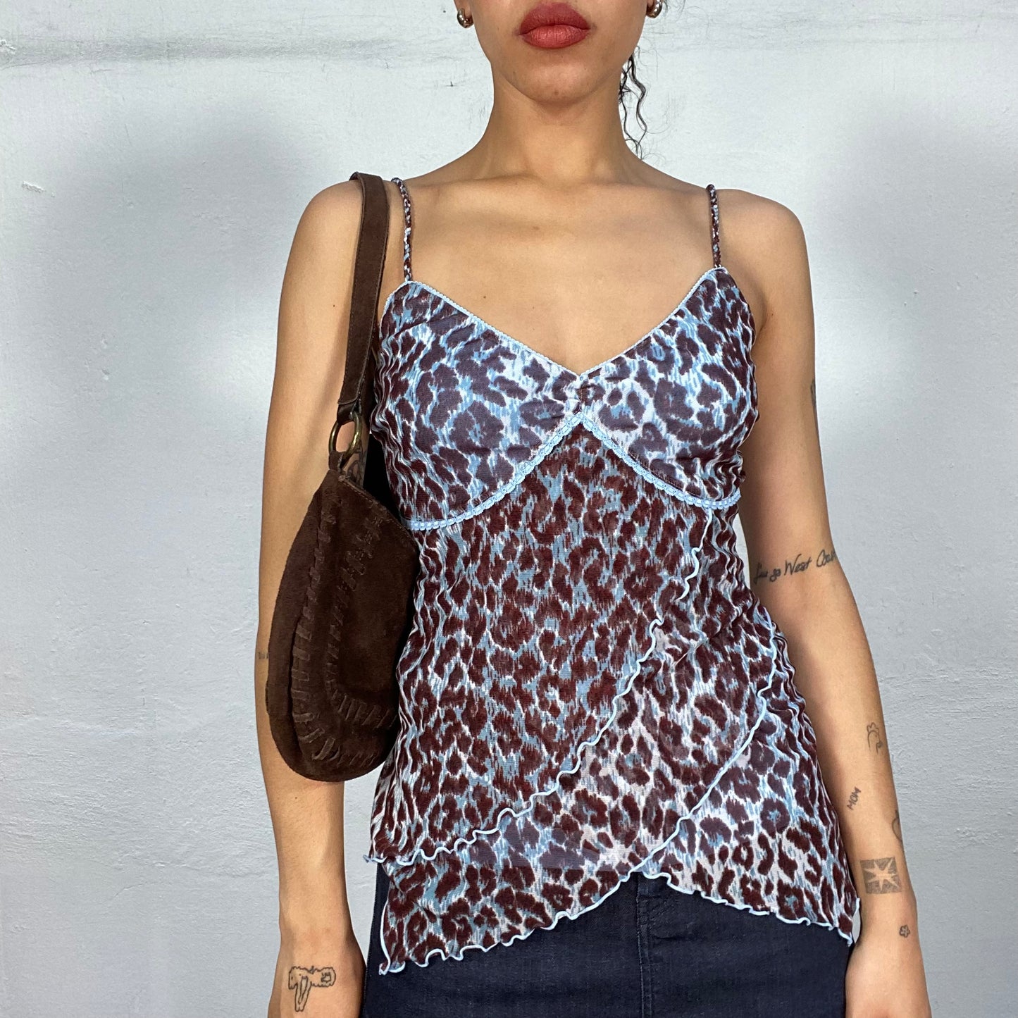 Vintage 2000's Downtown Girl Blue Top with Brown Leopard Print and Volant Detail( S)