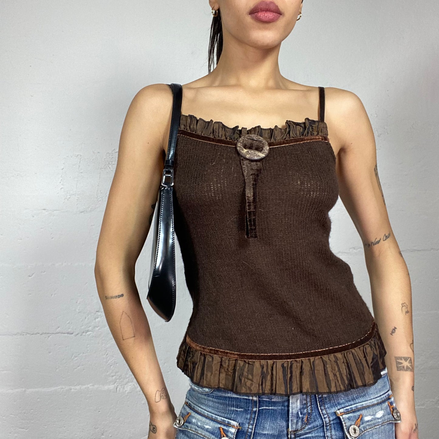 Vintage 90's Downtown Girl Brown Knitted Top with Frilled Bottom & Wooden Chest Charm Detail (S)