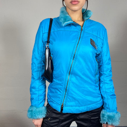 Vintage 2000's Cute Girl Aqua Blue Short Furry Coat with Crossed Zip (S)