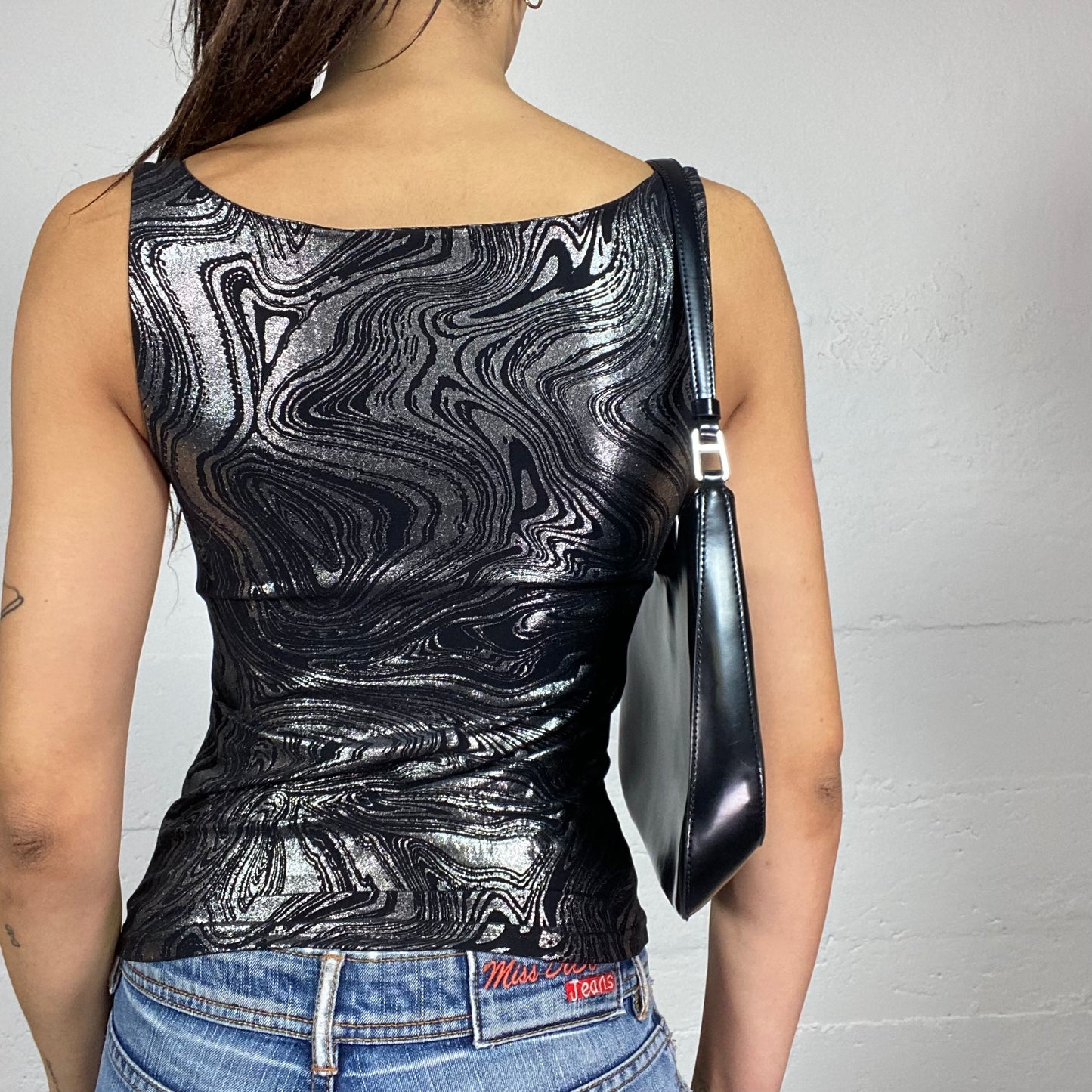 Vintage 2000's Clubwear Black Top with Silver Wavy Print  (S)