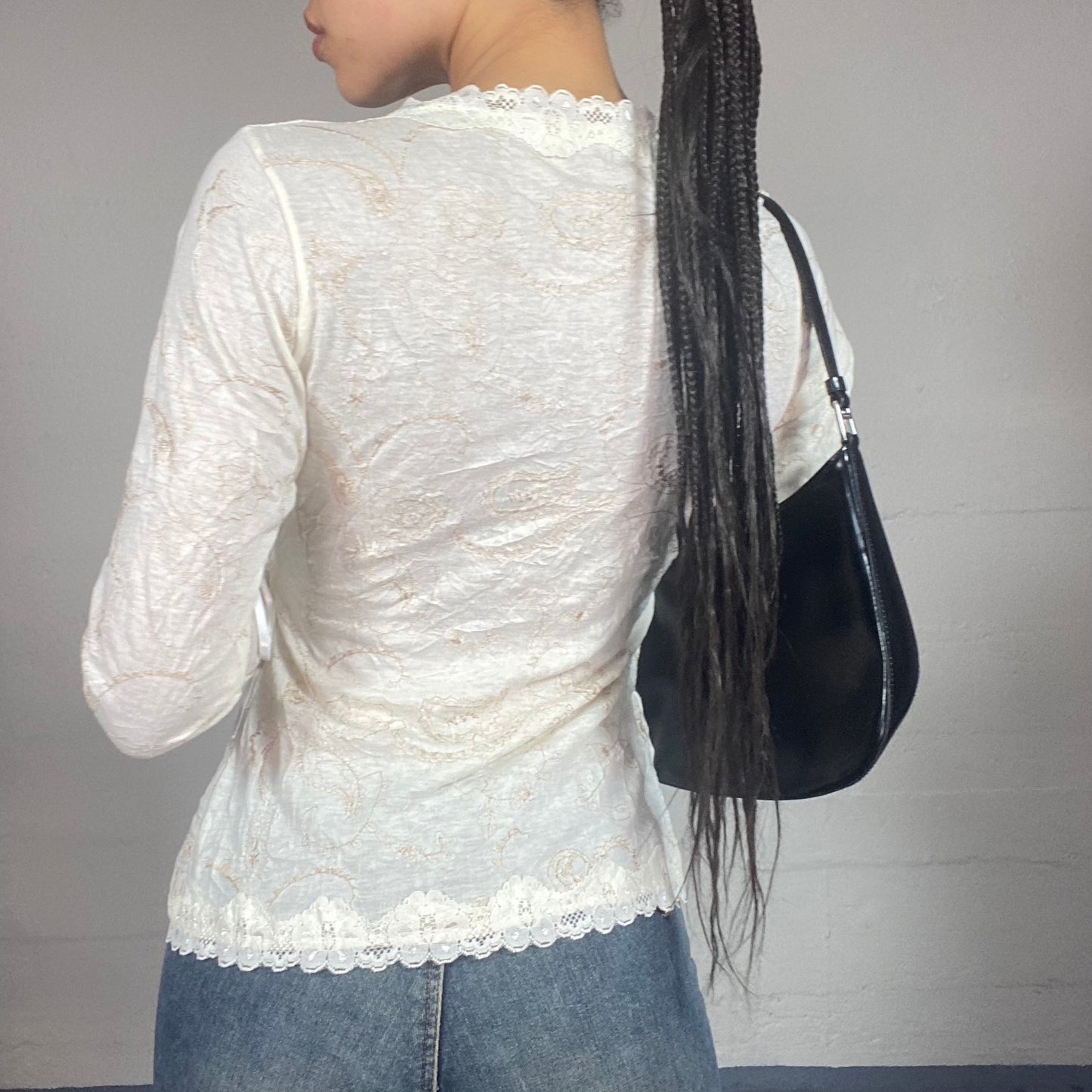 Vintage 2000's Ballet White Long Sleeve See Through Wrapped Top with Lace Trims & Floral Print Detail (M)