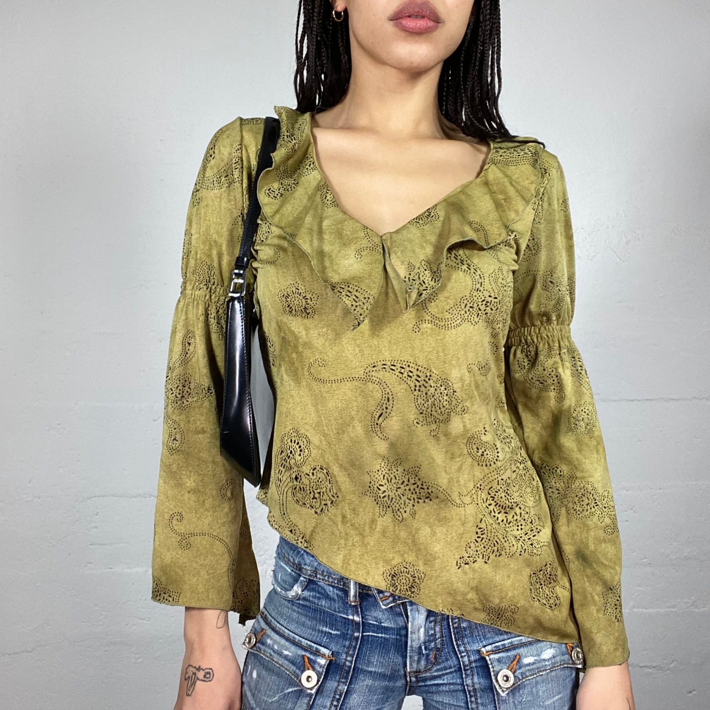 Vintage 90's Phoebe Buffay Khaki Angel Sleeve Blouse with Ethnic Paisley Print and Frilled Neckline Design (S/M)