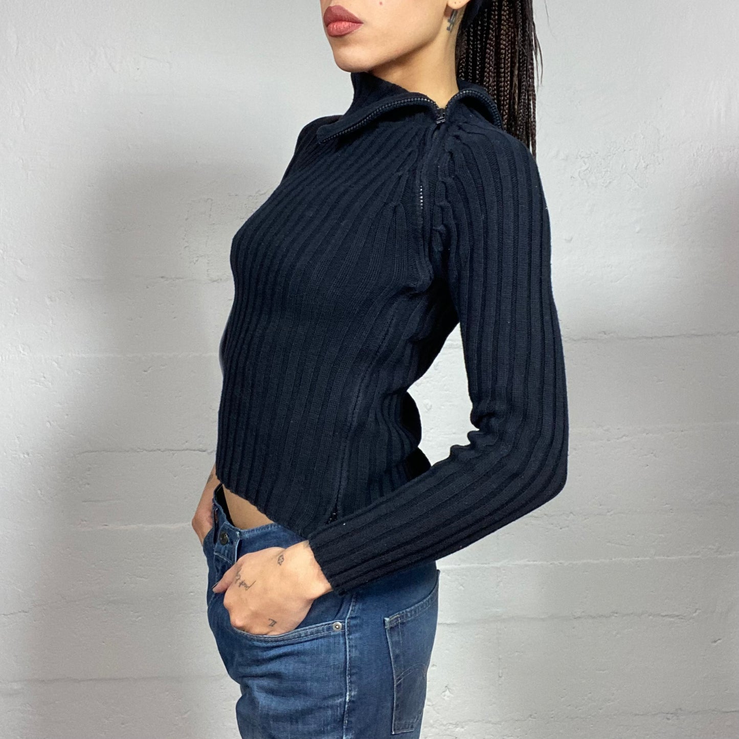 Vintage 90's Cyber Black Knit Asymmetrical Turtle Neck Sweater with side Zip Up Detail (S/M)