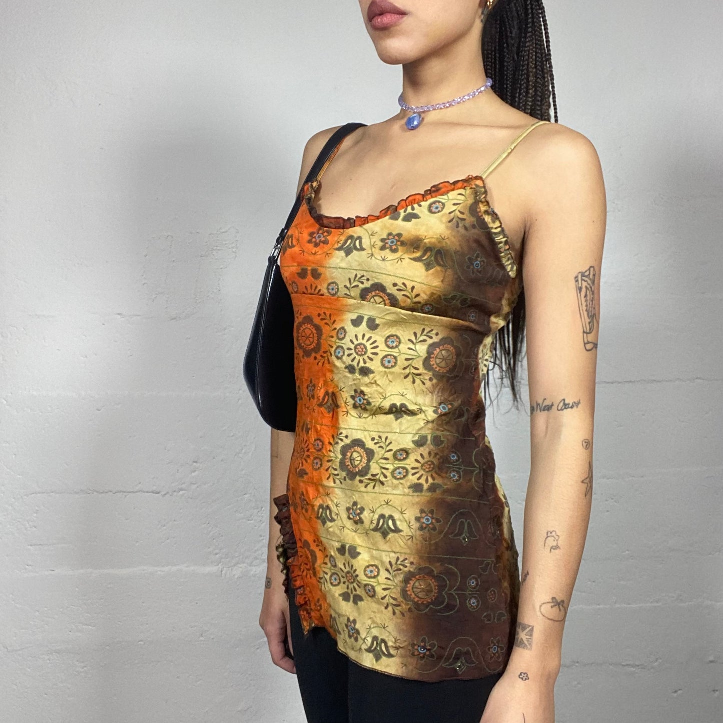 Vintage 2000's Hippie Orange and Beige Tie Dye Long Top with Mandala Print (S)