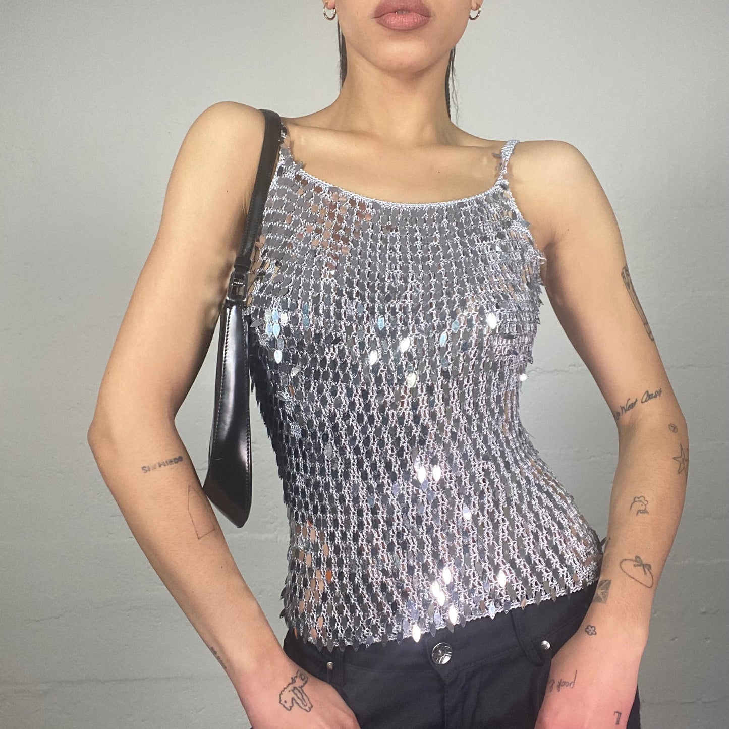 Vintage 2000's Clubwear Silver Crochet Top with Sequins Covering Detail (S)