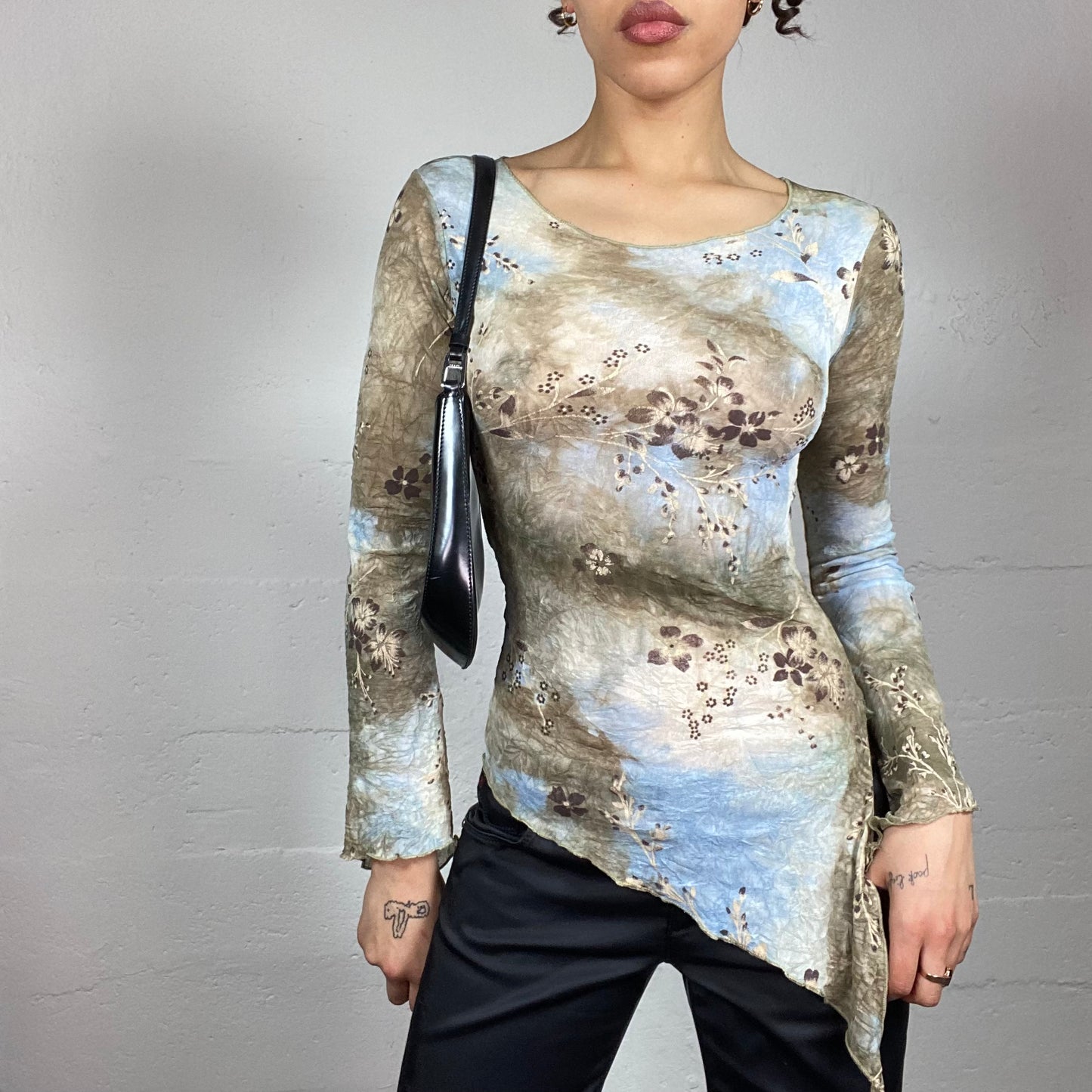 Vintage 90's Indie Khaki and Blue Asymmetric Top with Floral Print (S)