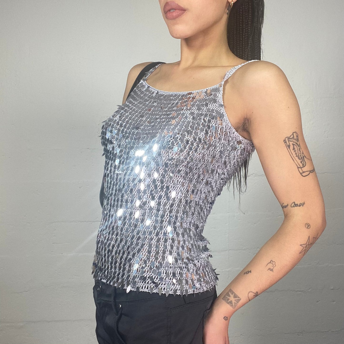 Vintage 2000's Clubwear Silver Crochet Top with Sequins Covering Detail (S)