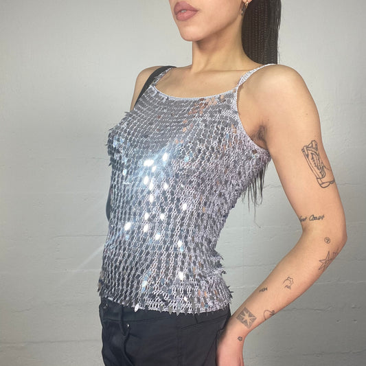 Vintage 2000's Clubwear Silver Crochet Top with Sequins Covering Detail (S)