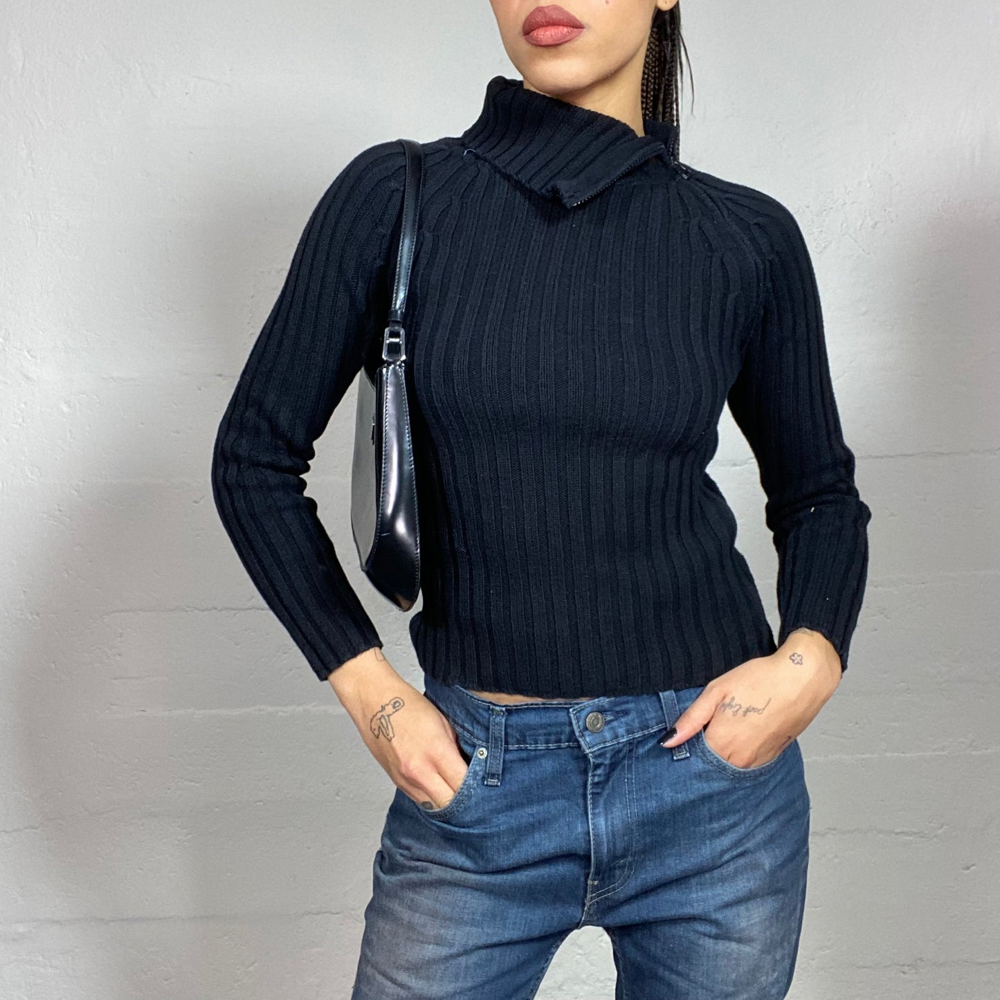 Vintage 90's Cyber Black Knit Asymmetrical Turtle Neck Sweater with side Zip Up Detail (S/M)