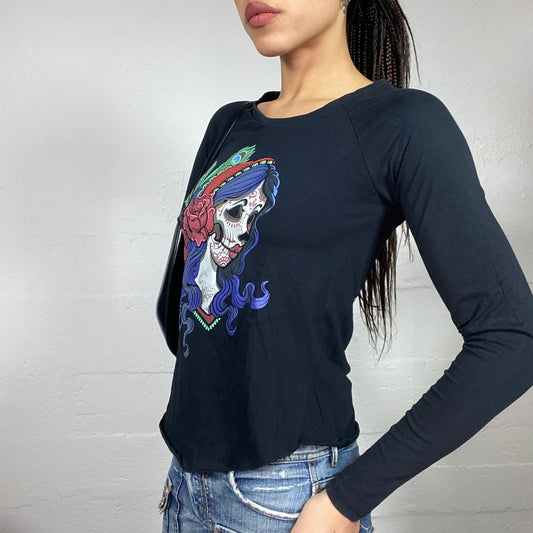 Vintage 2000's Downtown Girl Black Longsleeve Top with Death Wife Print (S)
