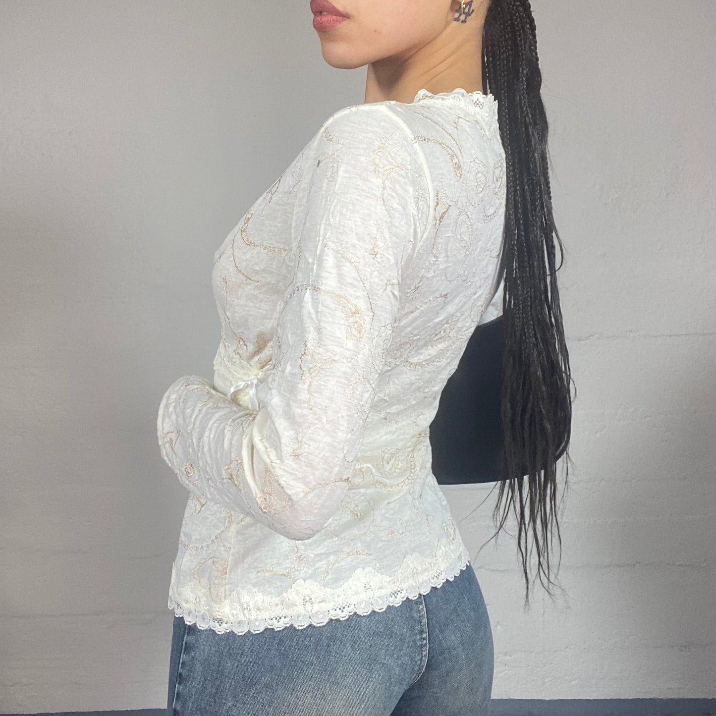 Vintage 2000's Ballet White Long Sleeve See Through Wrapped Top with Lace Trims & Floral Print Detail (M)