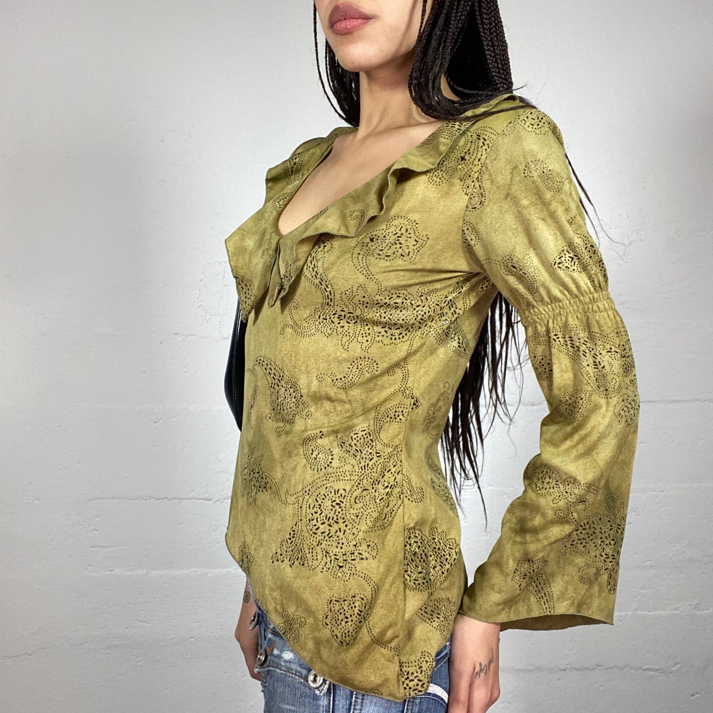 Vintage 90's Phoebe Buffay Khaki Angel Sleeve Blouse with Ethnic Paisley Print and Frilled Neckline Design (S/M)