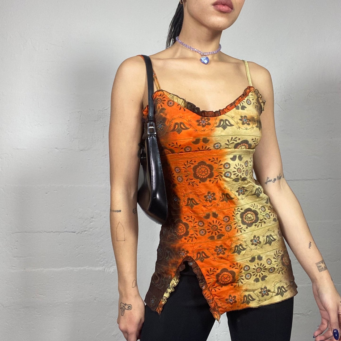 Vintage 2000's Hippie Orange and Beige Tie Dye Long Top with Mandala Print (S)