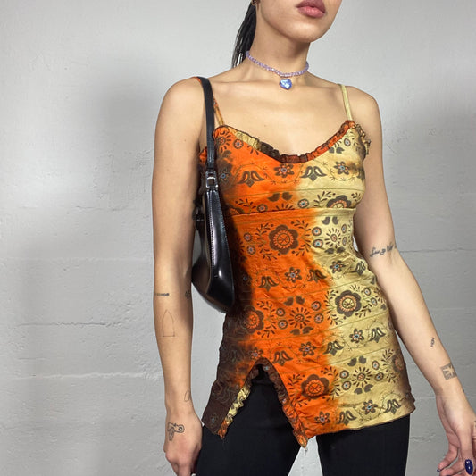 Vintage 2000's Hippie Orange and Beige Tie Dye Long Top with Mandala Print (S)