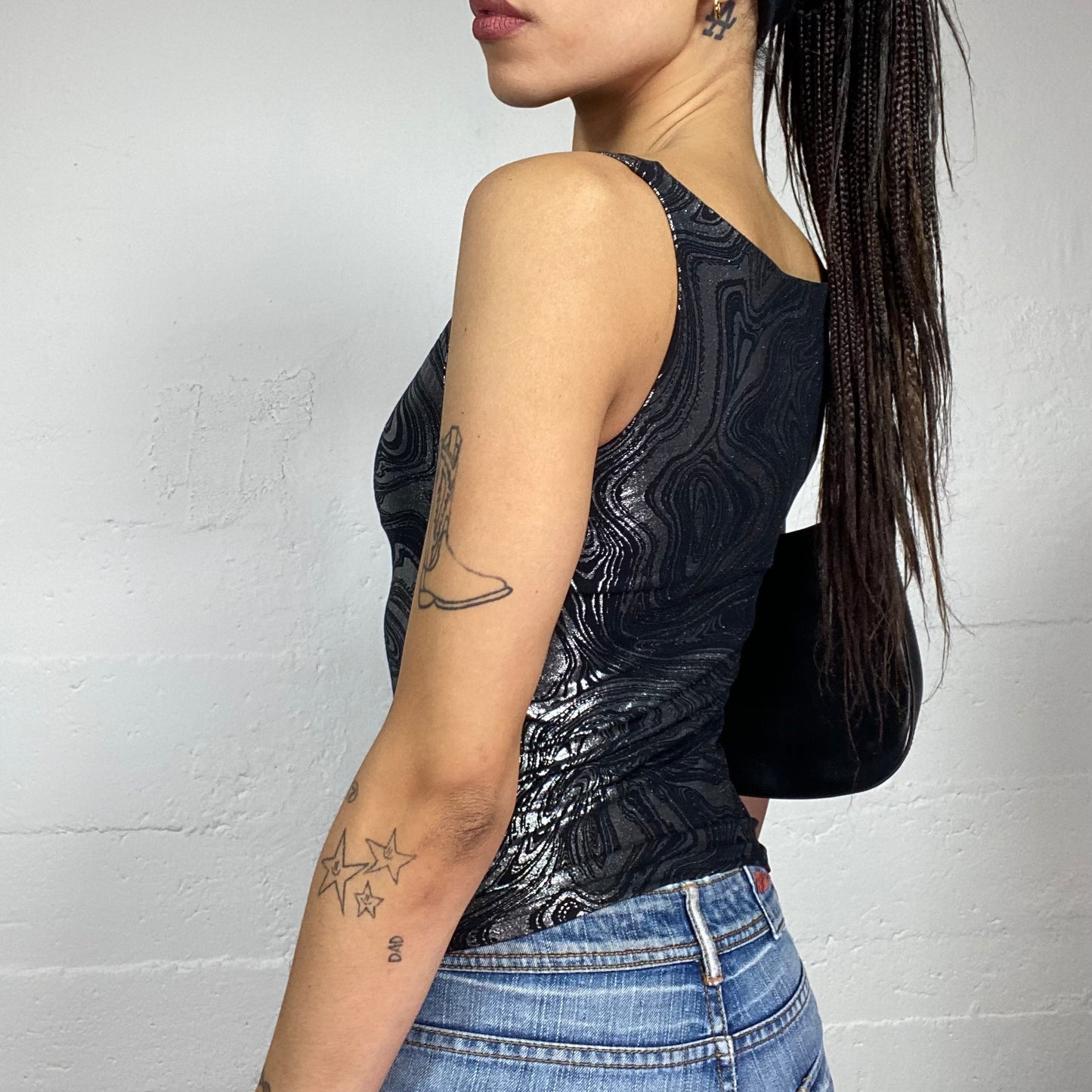 Vintage 2000's Clubwear Black Top with Silver Wavy Print  (S)