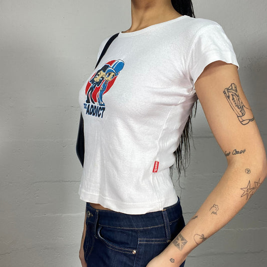 Vintage 2000's Downtown Girl White Top with Cartoon Catwoman „addict“ Print (S)