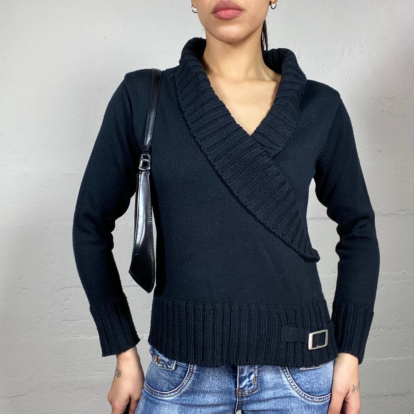 Vintage 2000's Downtown Girl Black Knitted Pullover with Belt Detail (M)