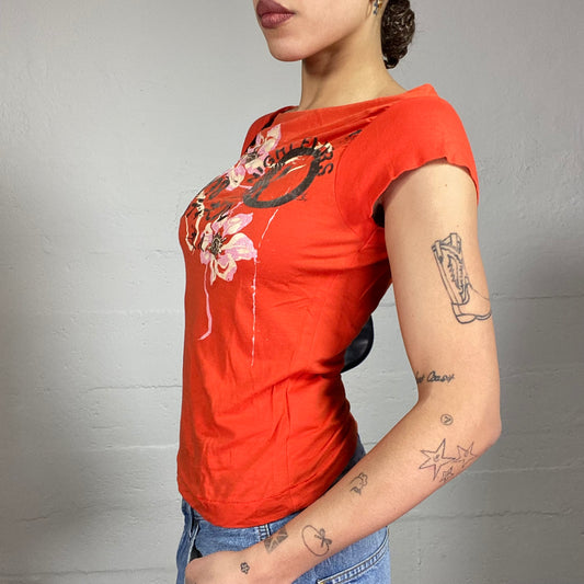 Vintage 2000's Diesel Downtown Girl Orange Top with Floral Print (S)