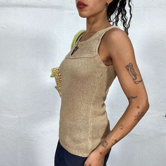 Vintage 2000's Italian Summer Beige Knitted Top with Ring Detail (S/M)