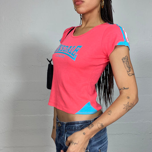 Vintage 2000's Lonsdale Sporty Salmon Pink Top with Blue Brand Logo Print (S)