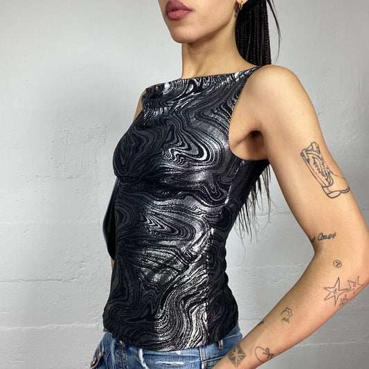 Vintage 2000's Clubwear Black Top with Silver Wavy Print  (S)