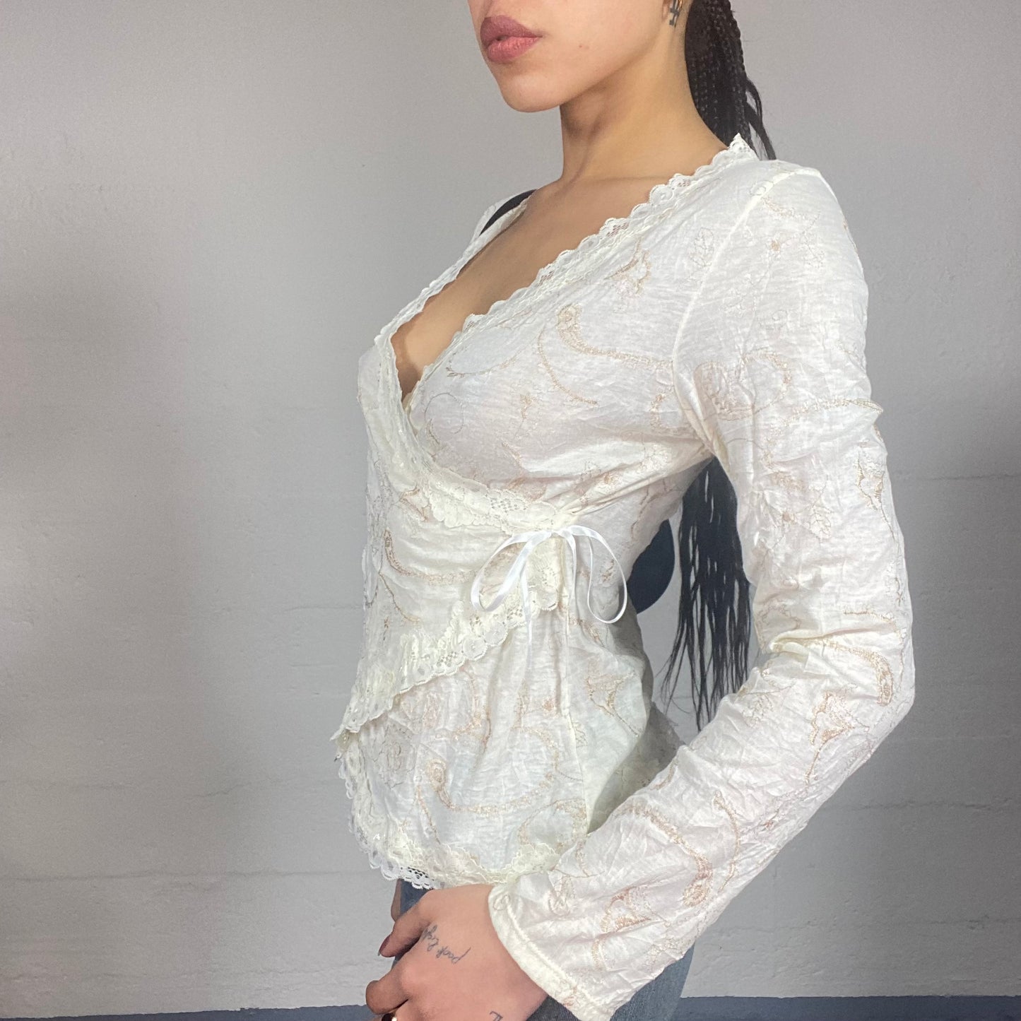 Vintage 2000's Ballet White Long Sleeve See Through Wrapped Top with Lace Trims & Floral Print Detail (M)