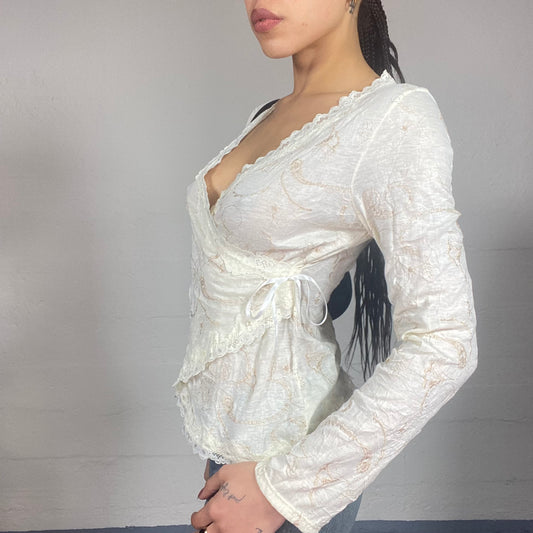 Vintage 2000's Ballet White Long Sleeve See Through Wrapped Top with Lace Trims & Floral Print Detail (M)