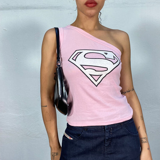 Vintage 2000's Downtown Girl Pink One Shoulder Top with Superman Graphic Print (S)