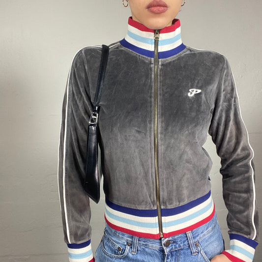 Vintage 2000's Pepe Jeans Guido Grey Velvet Zip Up Hoodie with Red Trims and 'P' Embroidery Detail (S)