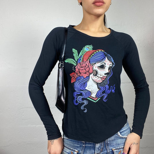 Vintage 2000's Downtown Girl Black Longsleeve Top with Death Wife Print (S)