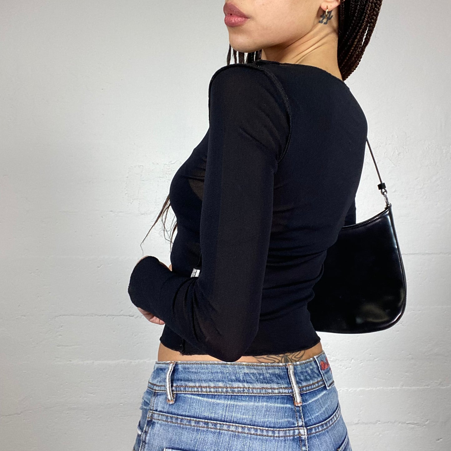 Vintage 90's Model Off Duty Black Mesh Longsleeve Top (S)