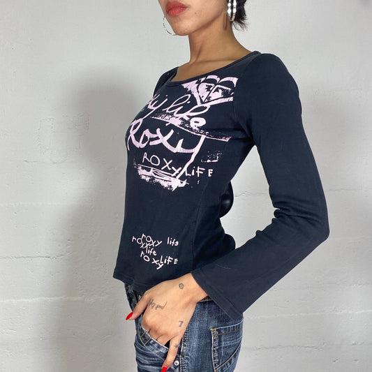 Vintage 2000's Roxy Downtown Girl Black Longsleeve Top and Pink Brand Monogram Print (S)