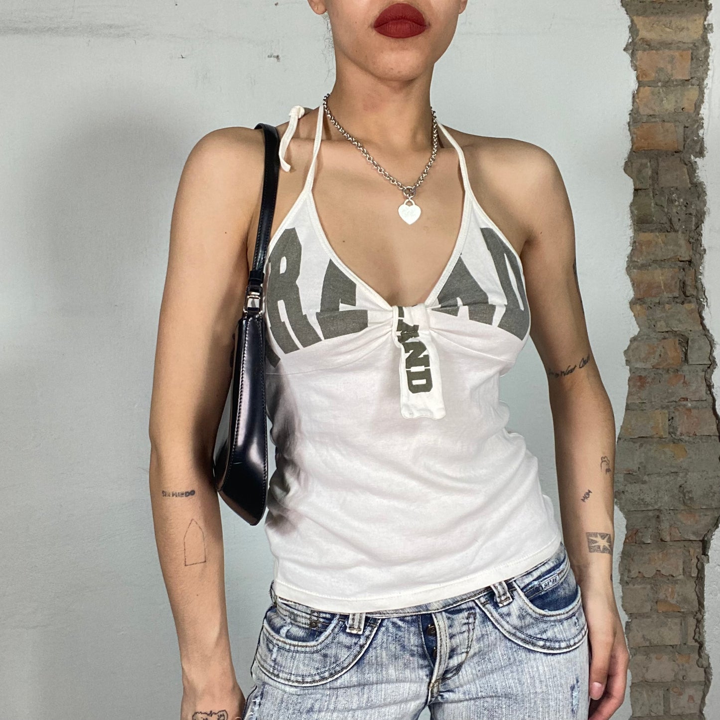 Vintage 90's Streetstyle White Halter Neck Top with Khaki Writing Print (S/M)