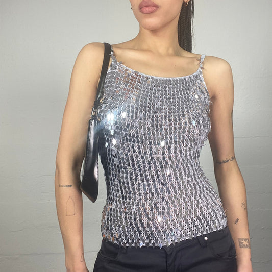 Vintage 2000's Clubwear Silver Crochet Top with Sequins Covering Detail (S)