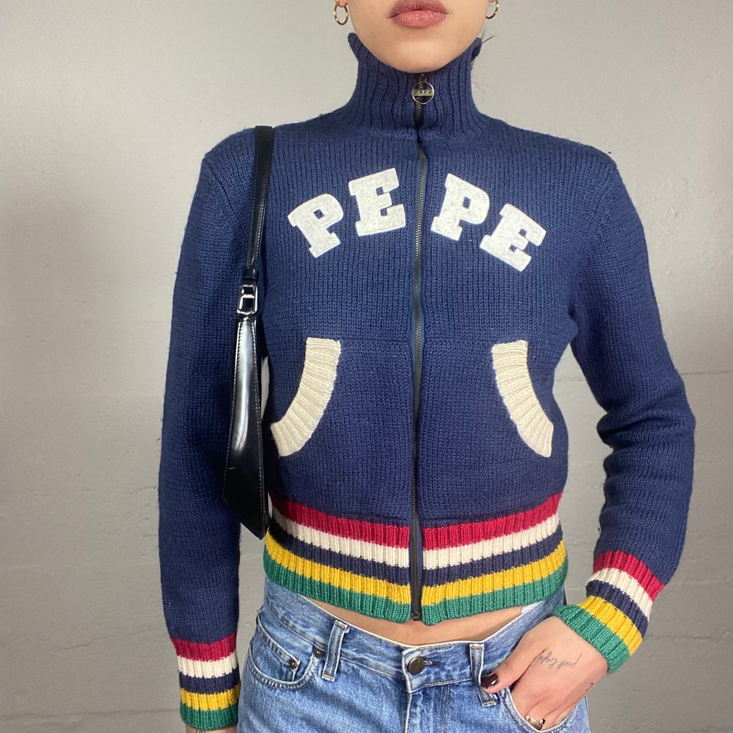 Vintage 90's Pepe Jeans Downtown Girl Blue Knitted Zip Up Hoodie with Red Trims and Brand Embroidery Detail (M)