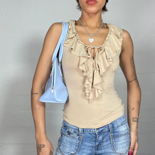 Vintage 2000's Cow Girl Beige Top with Frilled Collar Detail (S)