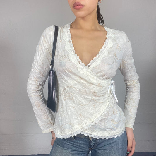 Vintage 2000's Ballet White Long Sleeve See Through Wrapped Top with Lace Trims & Floral Print Detail (M)