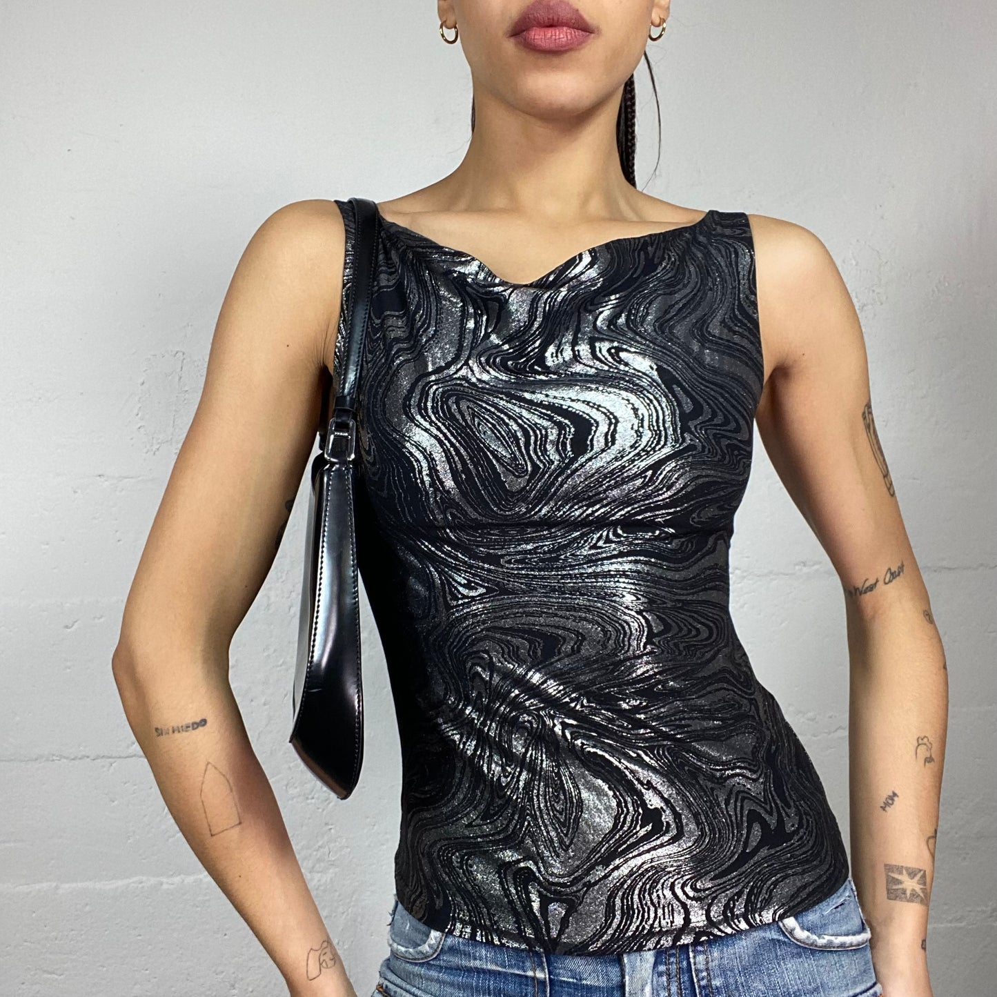Vintage 2000's Clubwear Black Top with Silver Wavy Print  (S)