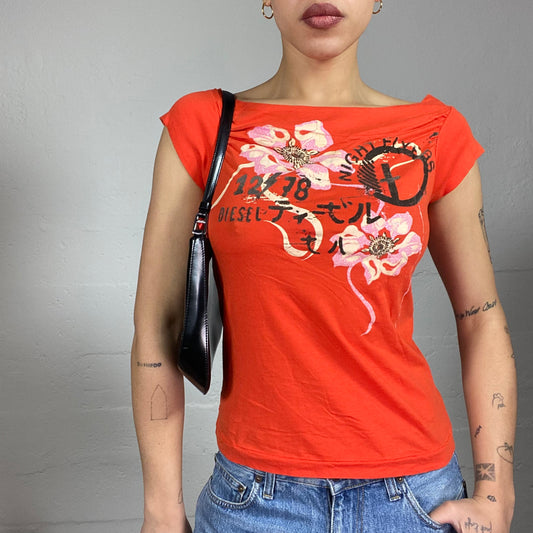 Vintage 2000's Diesel Downtown Girl Orange Top with Floral Print (S)