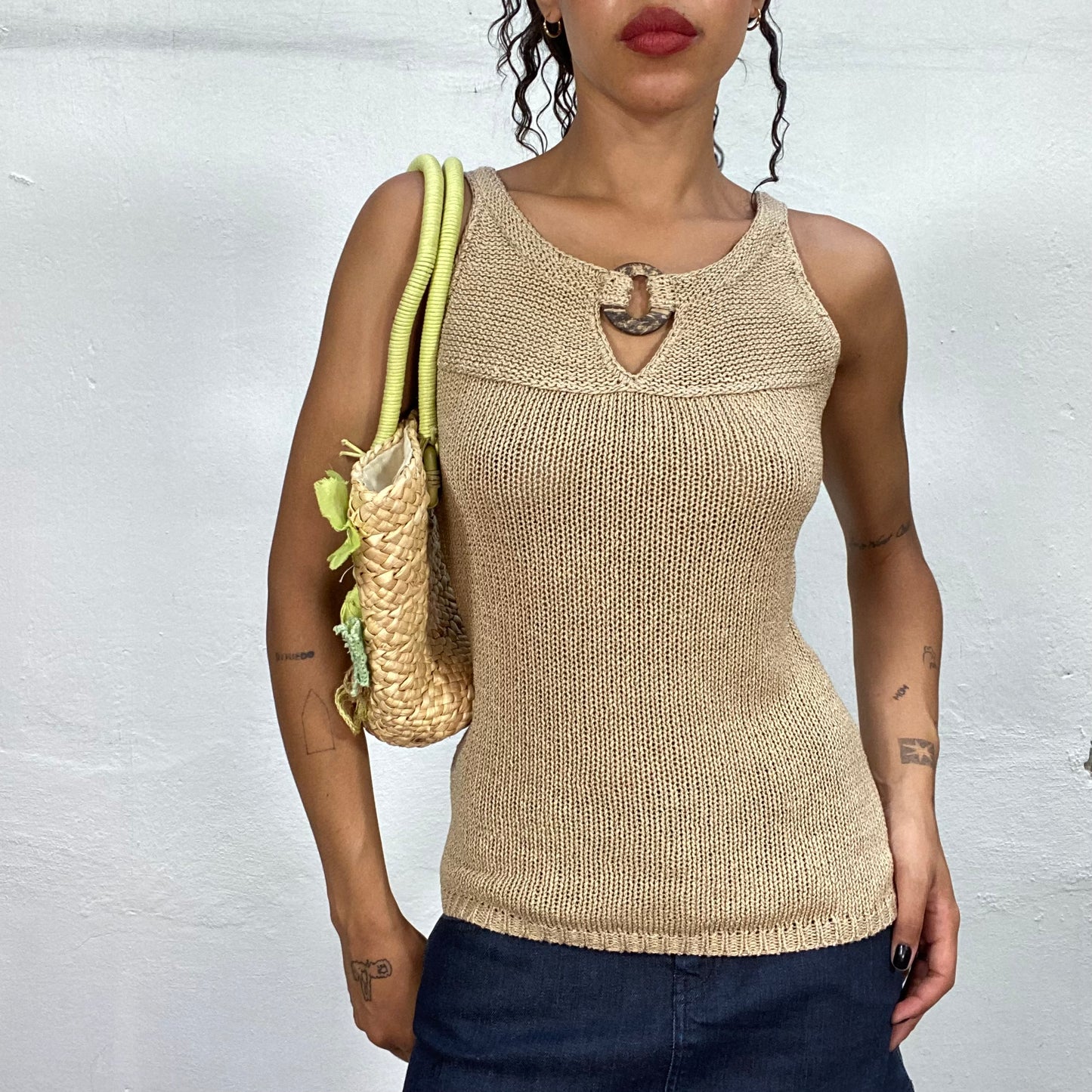 Vintage 2000's Italian Summer Beige Knitted Top with Ring Detail (S/M)