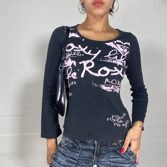 Vintage 2000's Roxy Downtown Girl Black Longsleeve Top and Pink Brand Monogram Print (S)