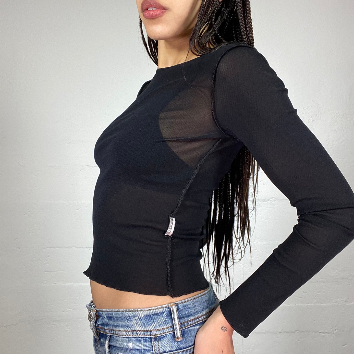 Vintage 90's Model Off Duty Black Mesh Longsleeve Top (S)