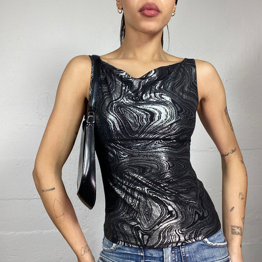 Vintage 2000's Clubwear Black Top with Silver Wavy Print  (S)
