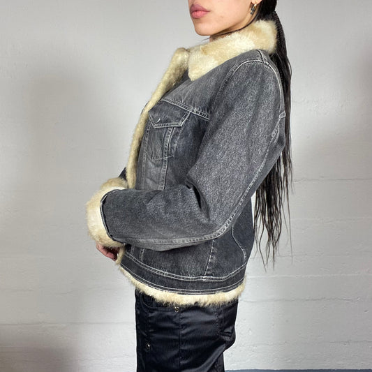 Vintage 90's College Girl Grey Denim Afghan Short Coat with White Fur Collar and Sleeves Detail (S/M)